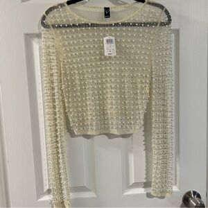 Ivory Pearl and Rhinestone Mesh Long Sleeve Top